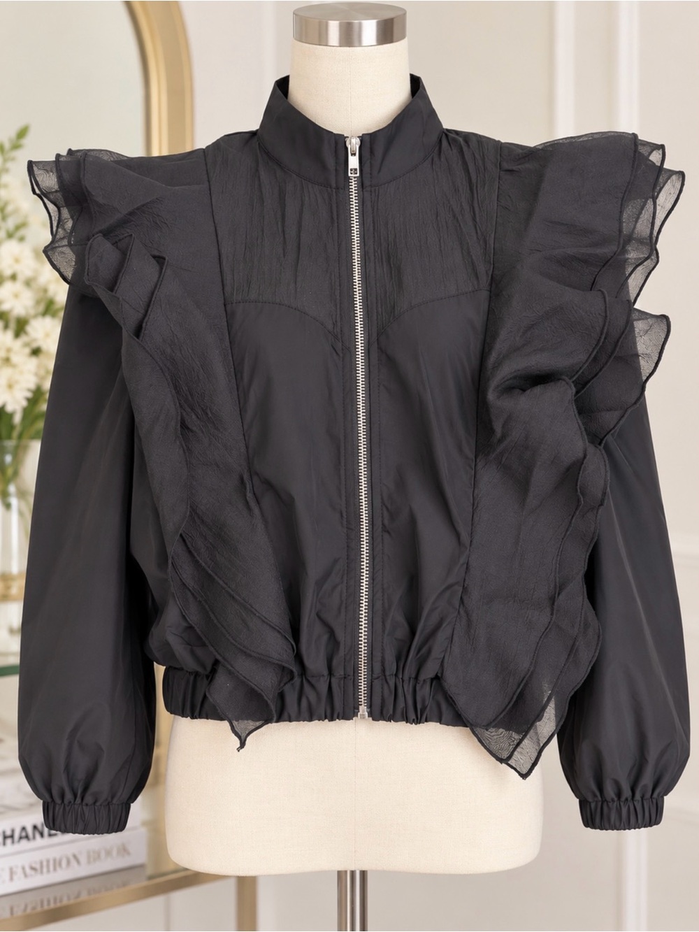 Black Ruffle Zip-Front Women's Jacket - Picture 1 of 6